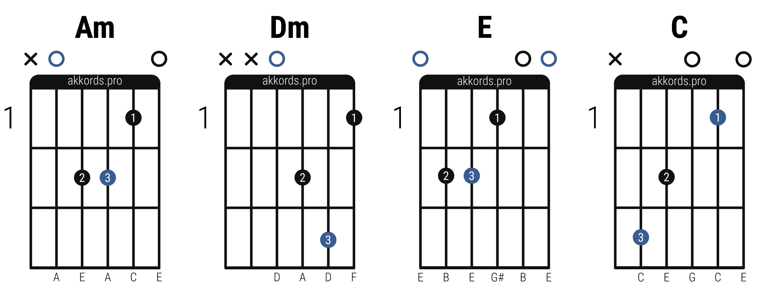Основные аккорды на гитаре для начинающих: Am, Dm, E, C